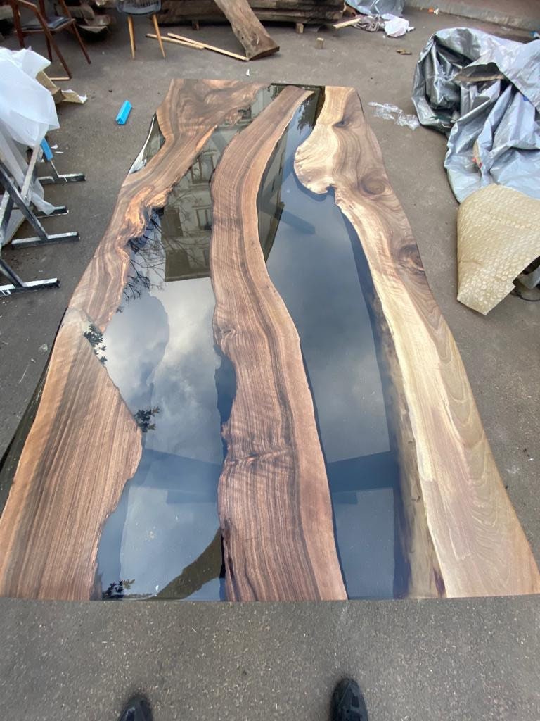 Live Edge Table, Epoxy Dining Table, Epoxy Resin Table, Custom 84” x 38” Walnut Smokey Gray Table, Epoxy River Table, Order for Keira