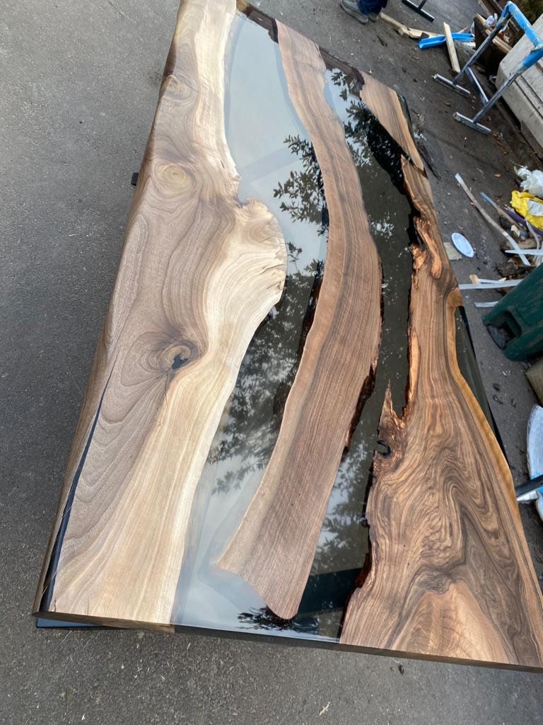 Live Edge Table, Epoxy Dining Table, Epoxy Resin Table, Custom 84” x 38” Walnut Smokey Gray Table, Epoxy River Table, Order for Keira