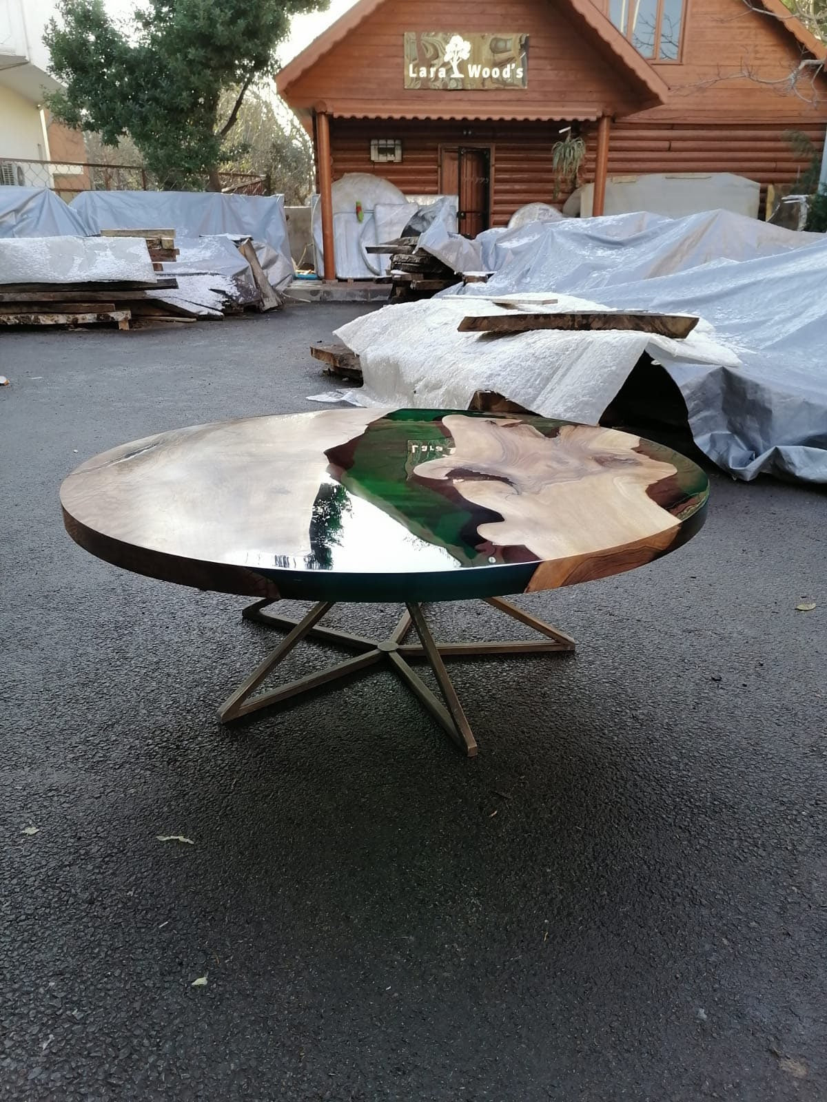 Live Edge Table, Custom 48” Diameter Round Walnut Wood Table, Transparent Green Table, Epoxy Dining Table, River Table, Order for Laura G