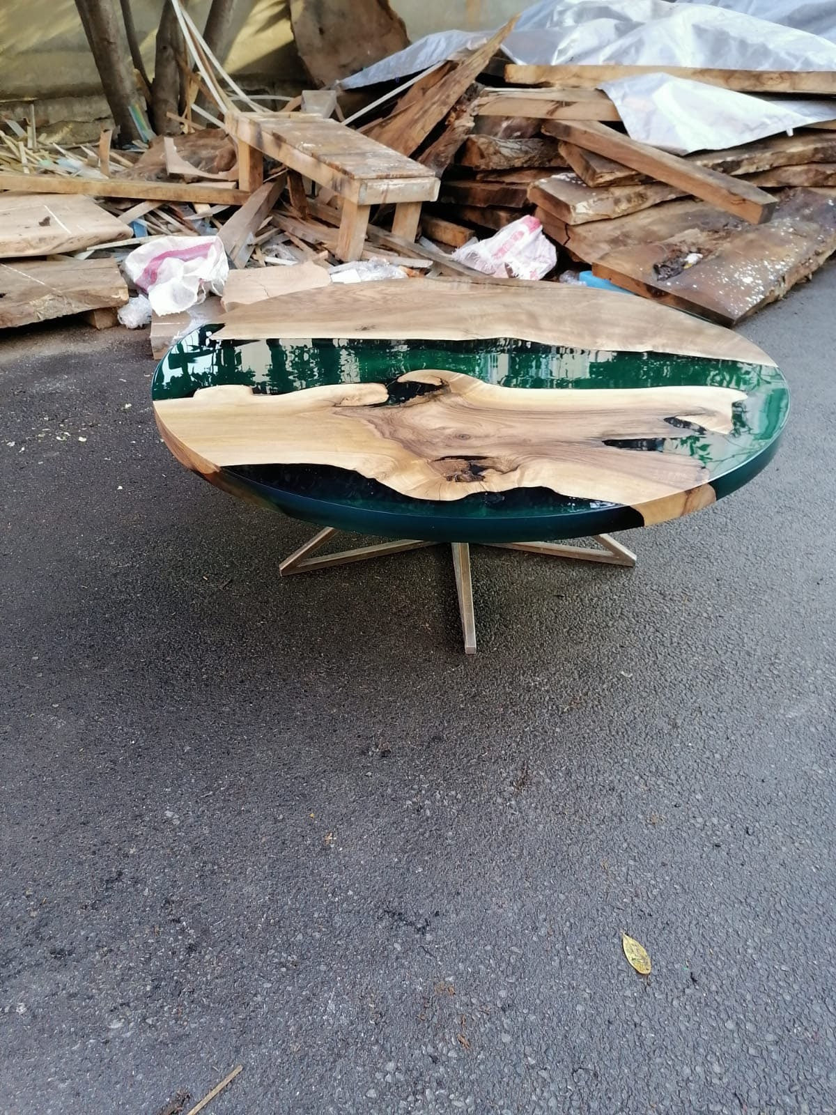 Live Edge Table, Custom 48” Diameter Round Walnut Wood Table, Transparent Green Table, Epoxy Dining Table, River Table, Order for Laura G