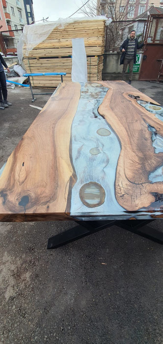 Epoxy Marble Table, Custom 96” x 40” Epoxy Wood Resin Gray Agetha Design Table, Epoxy Walnut Dining Table, Gray Epoxy Table Order for E