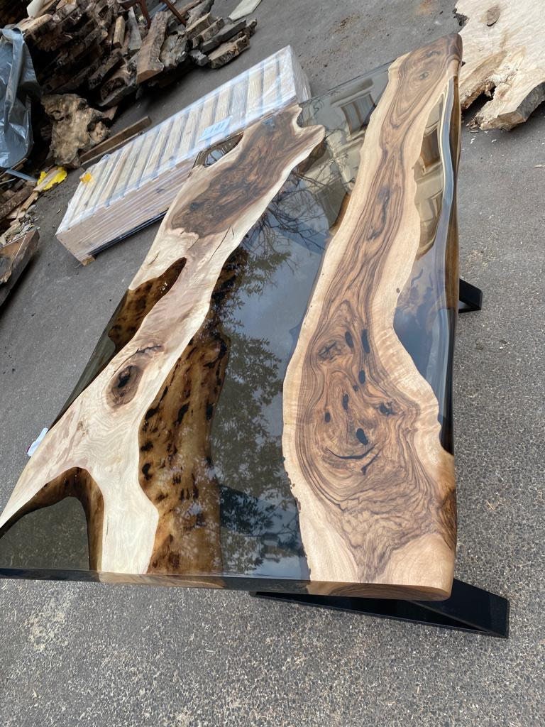 Live Edge Table, Epoxy Resin Table, Custom 65” x 36” Walnut Smokey Gray Table, Epoxy River Table, Custom Order for Kevin S