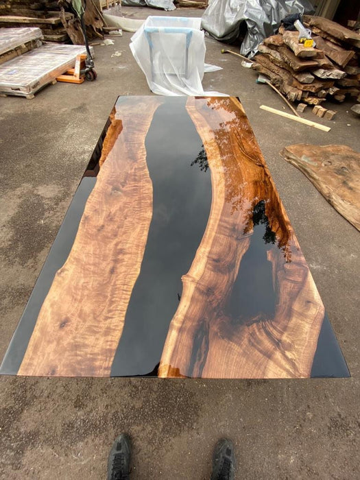 Epoxy Dining Table, Custom Black Epoxy Table, Epoxy Table with Bench, Walnut Dining Table, Black Epoxy Table and Bench, River Epoxy Bench