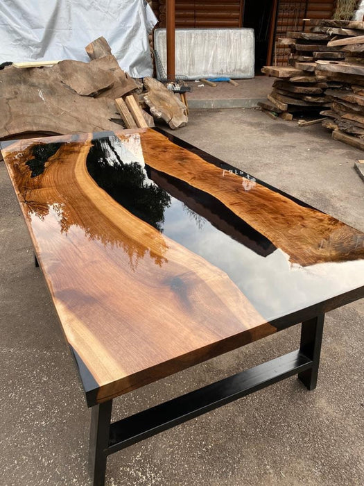 Epoxy Dining Table, Custom Black Epoxy Table, Epoxy Table with Bench, Walnut Dining Table, Black Epoxy Table and Bench, River Epoxy Bench