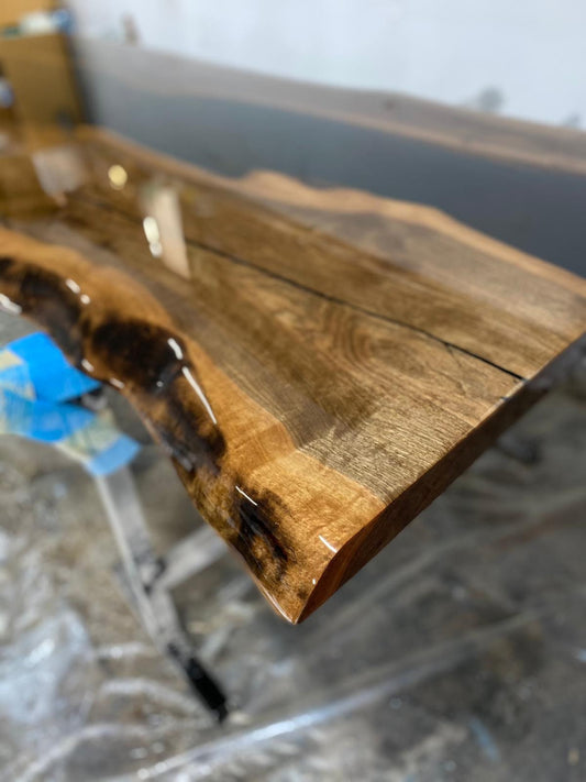 Walnut Dining Table, Custom 96” x 42” Unique Epoxy Shiny River Table, Live Edge Dining Table, Epoxy Resin Table for Karen D