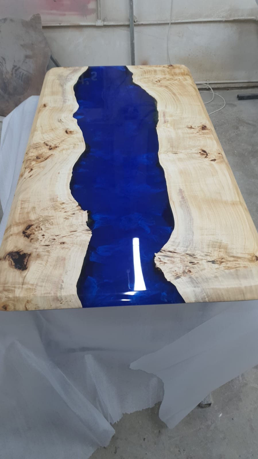 Ocean Table, Poplar Table, Live Edge Table, Custom 54” x 24” Poplar Blue Epoxy Table, Epoxy Resin Table, River Table, Custom Order for Liz