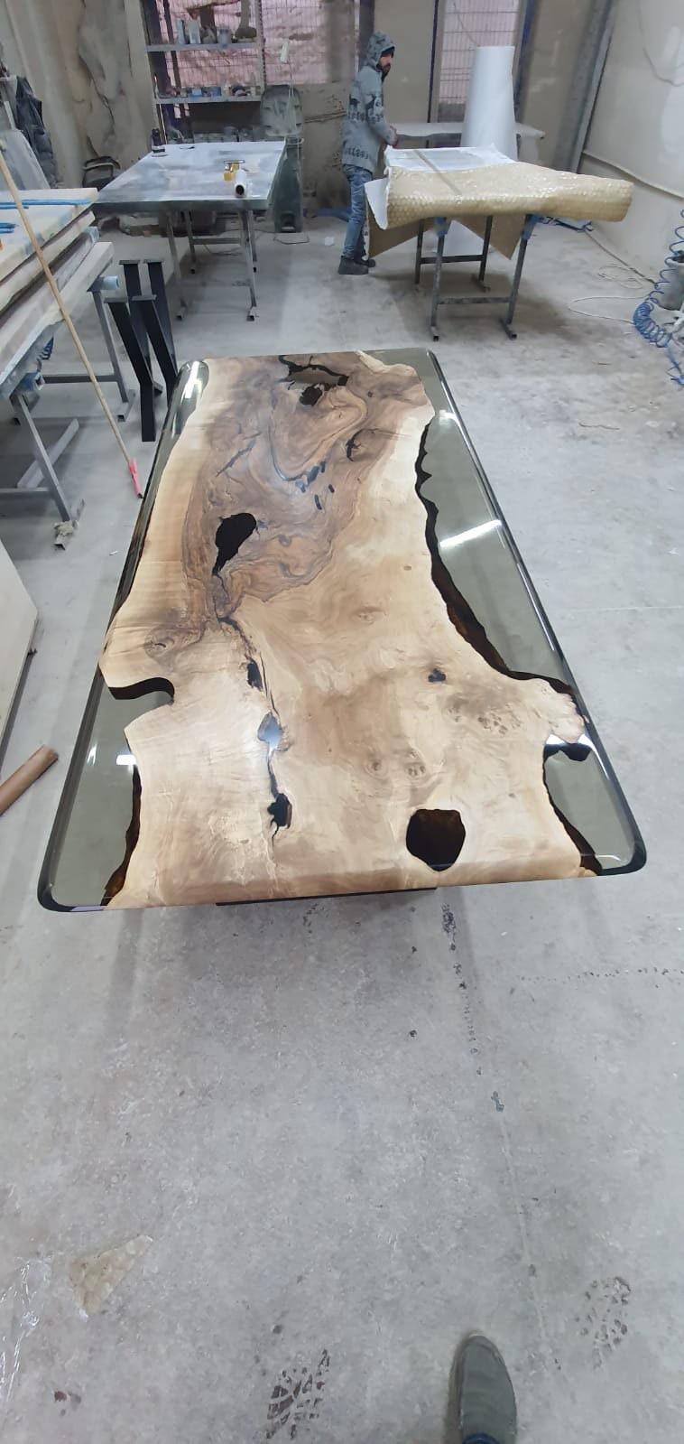 Handmade Epoxy Table, River Table, Live Edge Table, Custom 90” x 40” Walnut Smokey Gray Table, Epoxy River Table, Custom Order for Jane