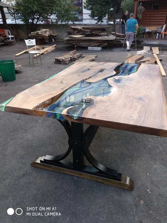 Handmade Epoxy Table, River Table, Custom 72" x 51" Walnut Blue, Turquoise, Clear Epoxy Table, River Table, Order for Gail