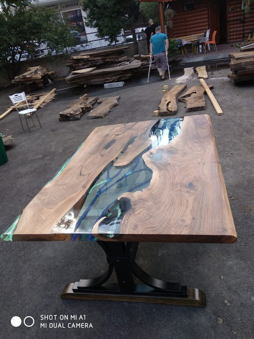 Walnut Dining Table, Custom 72" x 51" Walnut Blue, Turquoise Table, Clear Epoxy Table, River Table, Custom Order for Gail2