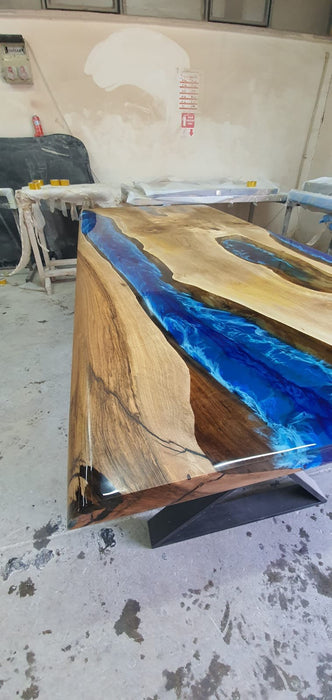 Unique Epoxy Table, Custom 76” x 36” Walnut Blue and White Waves Epoxy Table, Epoxy Dining Table, Custom Order for Kimberly B