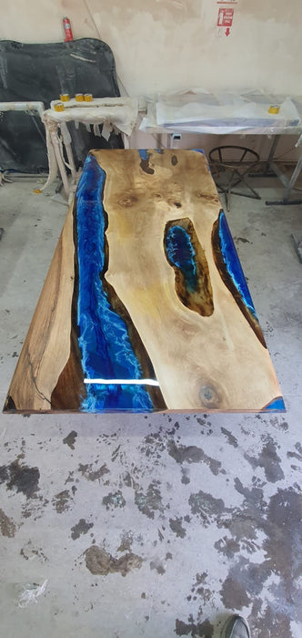 Unique Epoxy Table, Custom 76” x 36” Walnut Blue and White Waves Epoxy Table, Epoxy Dining Table, Custom Order for Kimberly B