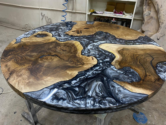 Epoxy Coffee Table, Epoxy Resin Table, Custom 45” Diameter Round Table, Walnut Wood Metallic Gray Table, Epoxy Table, Order for Matt M.