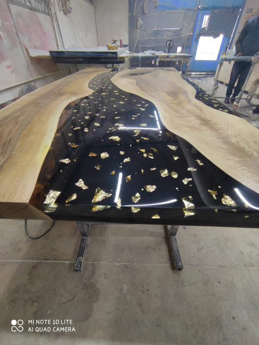 Black Epoxy Resin River Table, Custom 80” x 42” Walnut Black Table, Custom Gold Leaf River Table for E