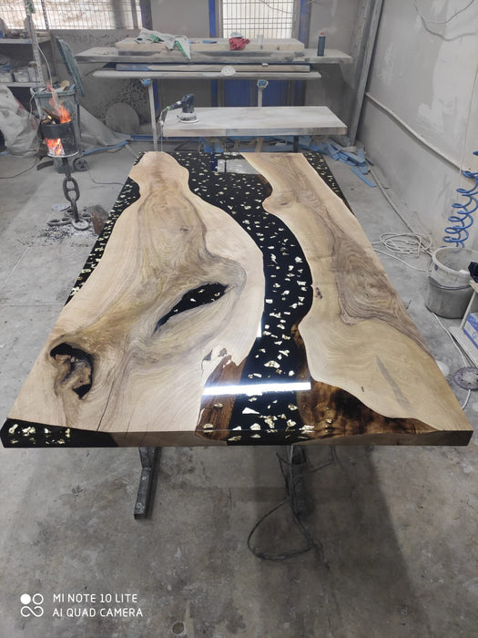 Black Epoxy Resin River Table, Custom 80” x 42” Walnut Black Table, Custom Gold Leaf River Table for E