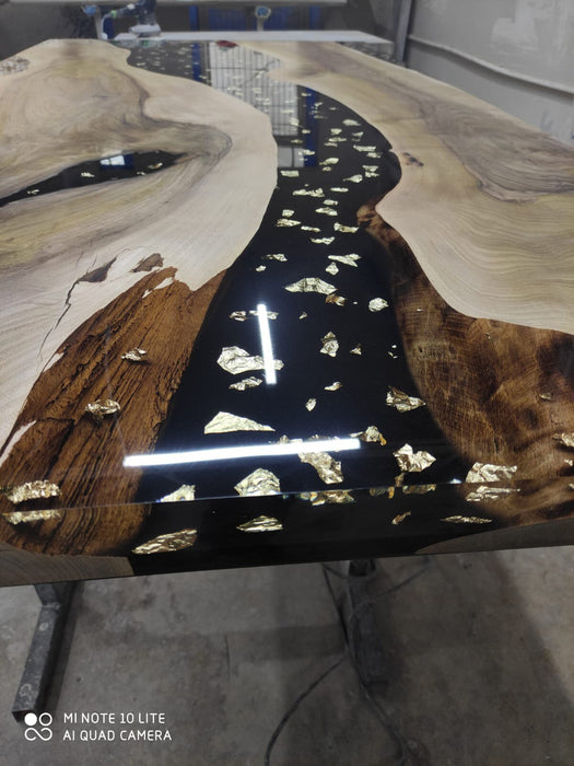 Black Epoxy Resin River Table, Custom 80” x 42” Walnut Black Table, Custom Gold Leaf River Table for E