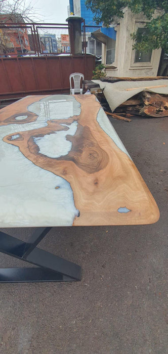 Walnut Dining Table, Custom 90”x 40” Walnut Metallic Pearl White Epoxy Table, River Table Order for Leslie