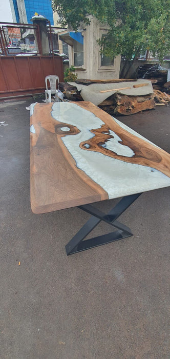 Walnut Dining Table, Custom 90”x 40” Walnut Metallic Pearl White Epoxy Table, River Table Order for Leslie