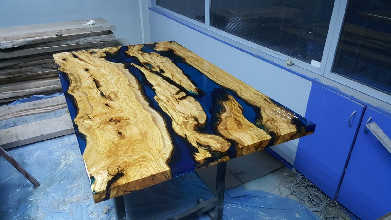 Olive Wood Dining Table, Epoxy Resin Table, Custom 65" x 40" Olive Wood Table, Shiny Epoxy Table, Live Edge Table, Custom Order for Sabrina