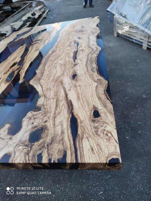 Olive Wood Dining Table, Epoxy Resin Table, Custom 65" x 40" Olive Wood Table, Blue Epoxy Table, Live Edge Table, Custom Order for Sabrina