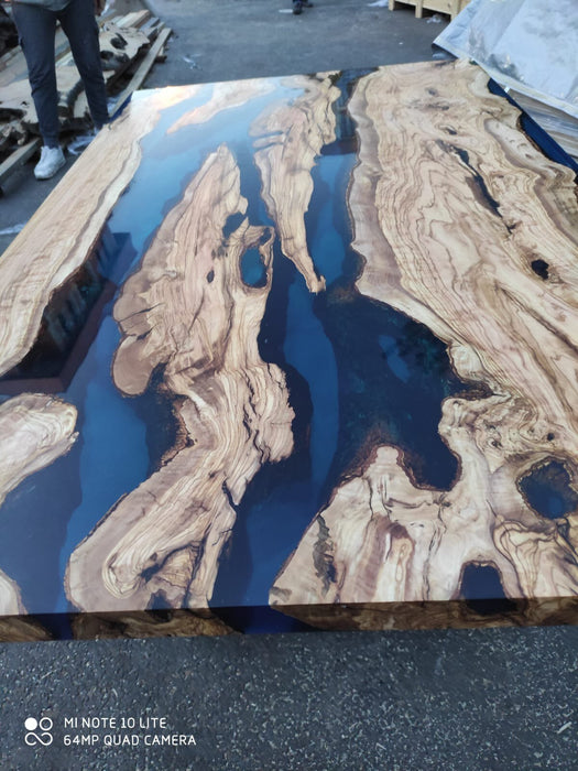 Olive Wood Dining Table, Epoxy Resin Table, Custom 65" x 40" Olive Wood Table, Blue Epoxy Table, Live Edge Table, Custom Order for Sabrina