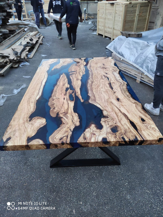 Olive Wood Dining Table, Epoxy Resin Table, Custom 65" x 40" Olive Wood Table, Blue Epoxy Table, Live Edge Table, Custom Order for Sabrina