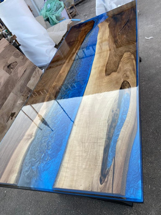 Handmade Epoxy Table, Custom 96” x 40” Walnut Metallic Shiny Black Table, Blue Epoxy River Table, Epoxy River Dining Table, Order for Jacob