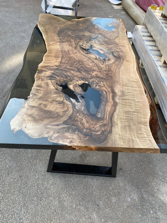 Handmade Epoxy Table, Custom 60” x 36” Walnut Smoke Gray Table, Epoxy River Table, Live Edge Table with Bench, Custom Order for Audra