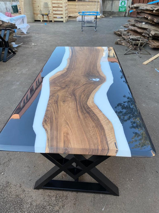 Walnut Dining Table, Custom 90"x 40" Walnut White and Black Epoxy Table, Epoxy Resin Table for Bella