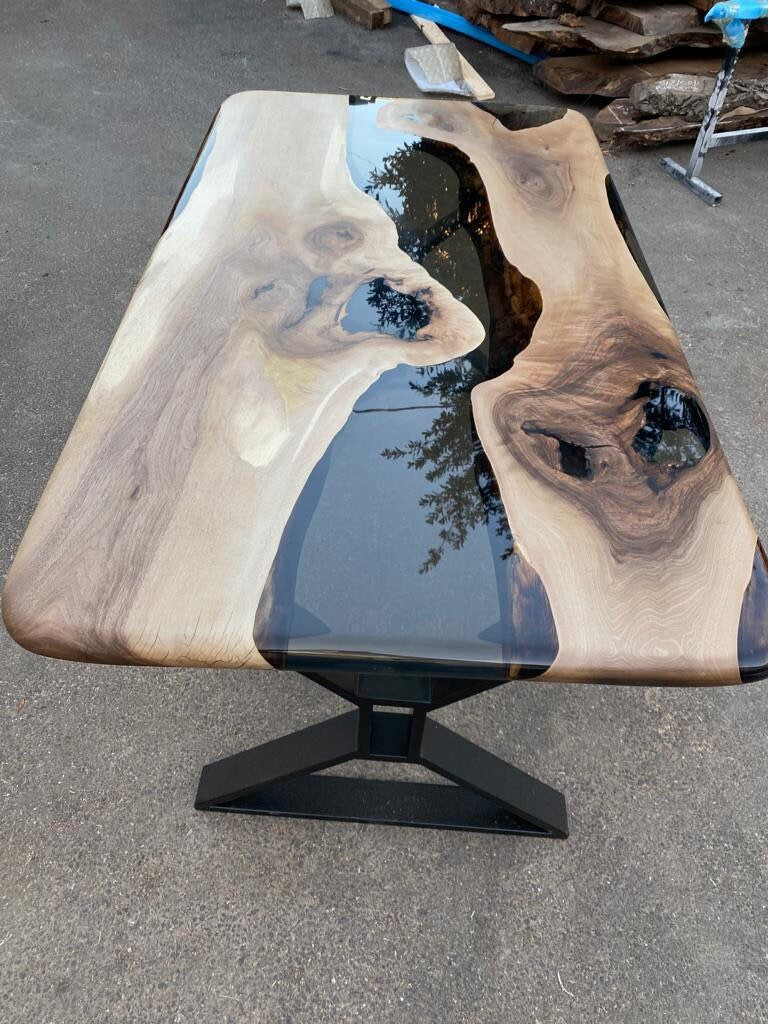 Epoxy Table, Epoxy Dining Table, Walnut Epoxy Table, Custom 65" x 36" Walnut Smokey Gray Epoxy River Table Order for Olena