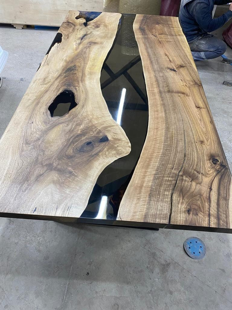 Live Edge Table, Epoxy Resin Table, Custom 84” x 42” Walnut Smokey Gray Table, Epoxy River Dining Table, Custom Order for Patricia