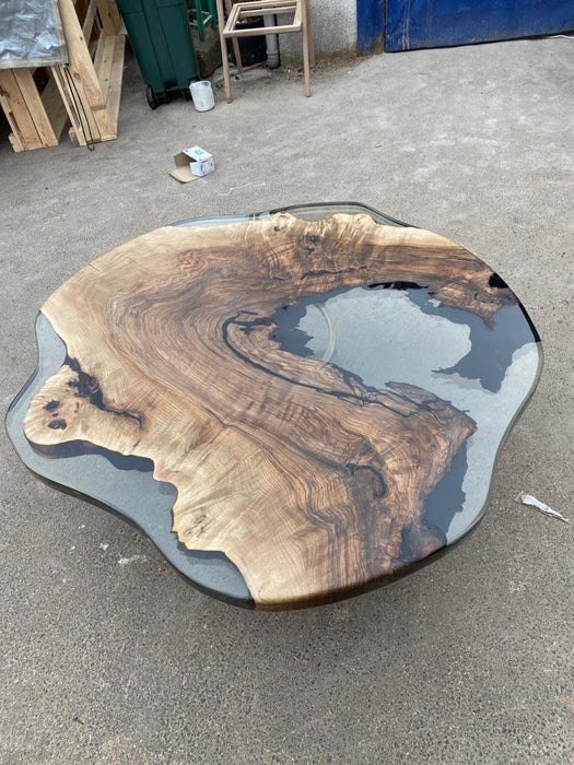 Epoxy Custom Coffee Table, Unique Coffee Table, 48” Diameter Round Walnut Table, Smokey Gray Epoxy Irregular Table, Custom Order for Mary