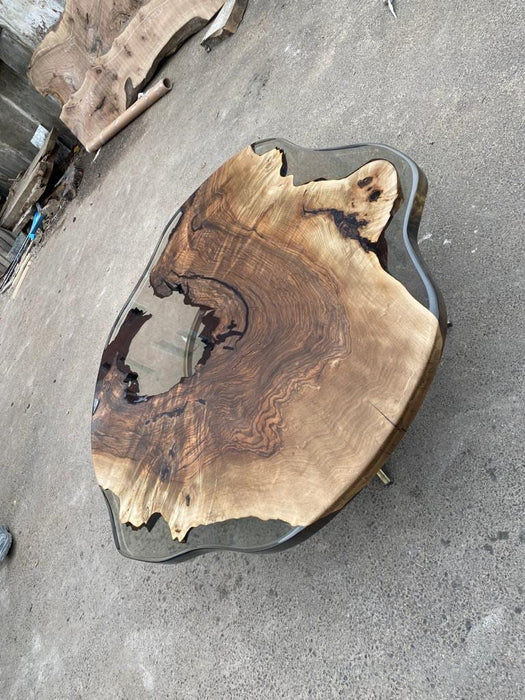 Epoxy Custom Coffee Table, Unique Coffee Table, 48” Diameter Round Walnut Table, Smokey Gray Epoxy Irregular Table, Custom Order for Mary