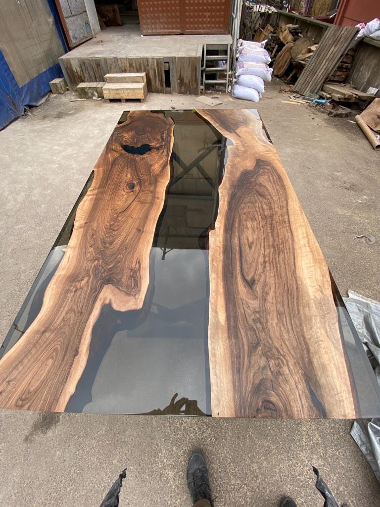 River Table, Live Edge Table, Custom 90” x 50” Walnut Smokey Gray Table, Epoxy River Dining Table, Custom Order for Raidermari