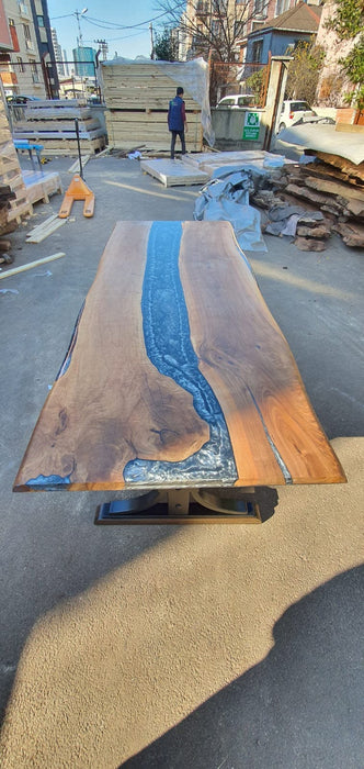 Epoxy Resin Table, Live Edge Table, River Table, Custom 96” x 40” Walnut Wood Metallic Gray Table, Epoxy Dining Table, Custom Order for Eric