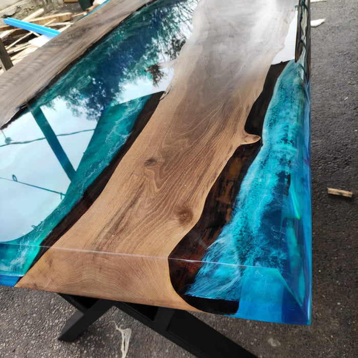 Epoxy Dining Table, Epoxy Table, Ocean Table, Custom 84” x 38” Walnut Ocean Blue, Turquoise White Epoxy River Dining Table, Order for Pascal