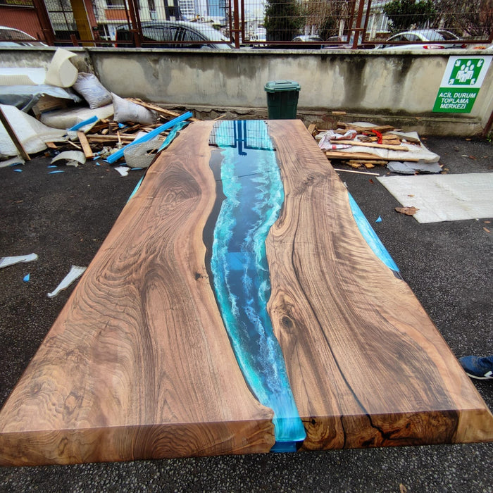 Epoxy Dining Table, Epoxy Table, Ocean Table, Custom 84” x 38” Walnut Ocean Blue, Turquoise White Epoxy River Dining Table, Order for Pascal