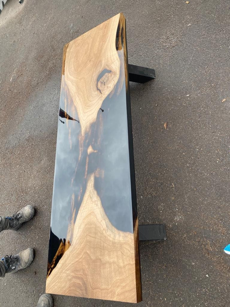 Ultra-Clear Epoxy Resin Bench, Custom 50” x 17” Walnut Black Epoxy Bench, Handmade Epoxy Bench, Custom Walnut Bench for Amber B