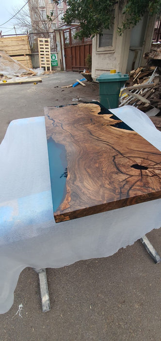 Walnut Dining Table, Epoxy Coffee Table, Custom 40” x 18” Walnut Transparent Translucent Turquoise Epoxy Coffee Table, Order for April