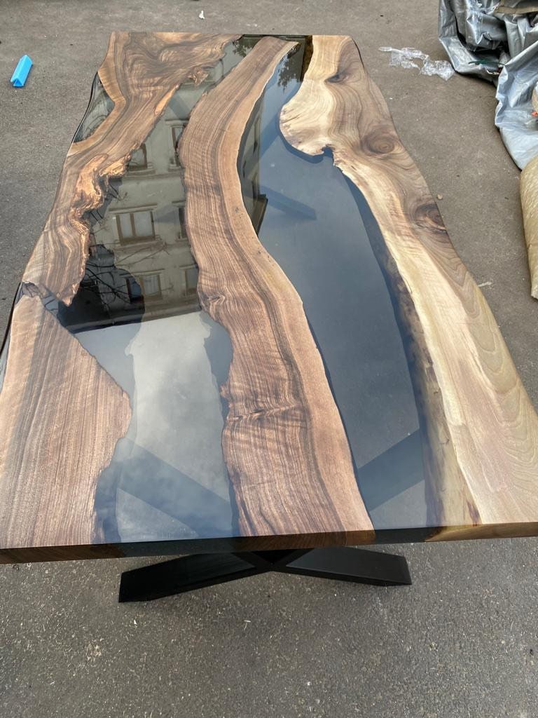 Live Edge Table, Epoxy Dining Table, Epoxy Resin Table, Custom 84” x 38” Walnut Smokey Gray Table, Epoxy River Table, Order for Keira