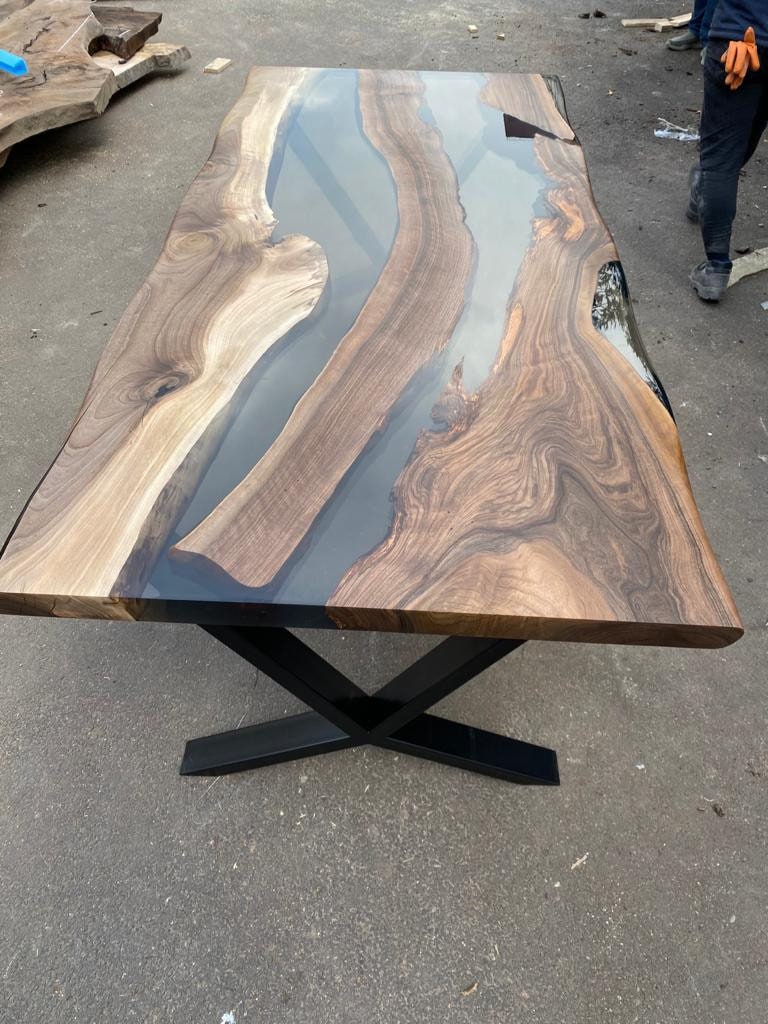 Live Edge Table, Epoxy Dining Table, Epoxy Resin Table, Custom 84” x 38” Walnut Smokey Gray Table, Epoxy River Table, Order for Keira