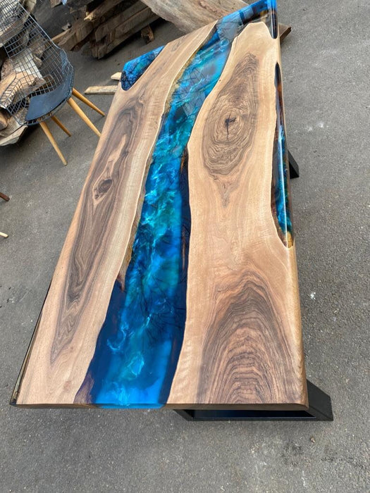 Handmade Epoxy Table, Custom 60” x 28” Walnut Blue, Turquoise, Green Epoxy Table, Epoxy River Table, Live Edge Table, Custom Order for Jesse