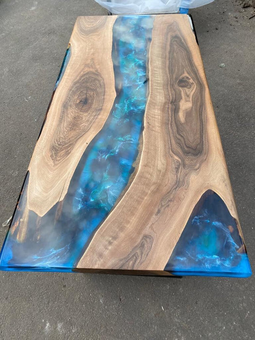 Handmade Epoxy Table, Custom 60” x 28” Walnut Blue, Turquoise, Green Epoxy Table, Epoxy River Table, Live Edge Table, Custom Order for Jesse