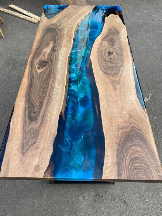 Handmade Epoxy Table, Custom 60” x 28” Walnut Blue, Turquoise, Green Epoxy Table, Epoxy River Table, Live Edge Table, Custom Order for Jesse