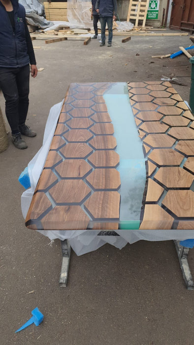 Custom Honeycomb Epoxy Resin River Table, Clear Resin Walnut Table, Custom 80” x 40” Walnut Clear Epoxy Table, Honeycomb Table for Patrick