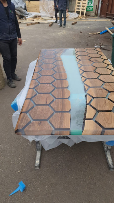 Custom 72” x 36” Walnut Clear Epoxy Table, Hexagon Honeycomb Table, Clear Resin Walnut Table, Handmade Epoxy Table, Unique Resin Table Wes