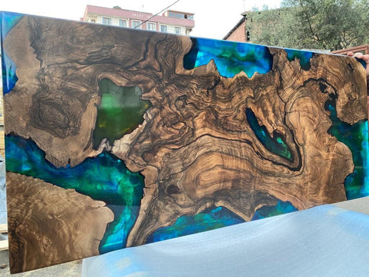 Walnut Dining Table, Live Edge Table, Custom 52” x 23” Walnut Blue, Turquoise, Orange Epoxy Table, Wall Art Table, Custom Order for Christy