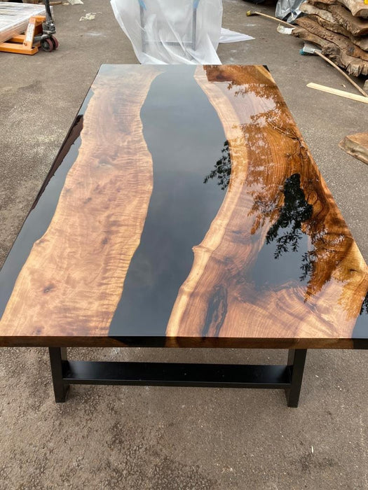 Epoxy Dining Table, Custom Black Epoxy Table, Epoxy Table with Bench, Walnut Dining Table, Black Epoxy Table and Bench, River Epoxy Bench