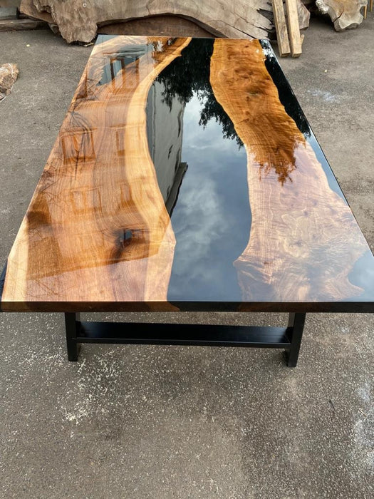 Epoxy Dining Table, Custom Black Epoxy Table, Epoxy Table with Bench, Walnut Dining Table, Black Epoxy Table and Bench, River Epoxy Bench