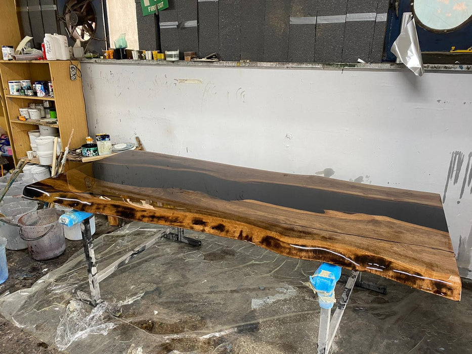 Walnut Dining Table, Custom 96” x 42” Unique Epoxy Shiny River Table, Live Edge Dining Table, Epoxy Resin Table for Karen D