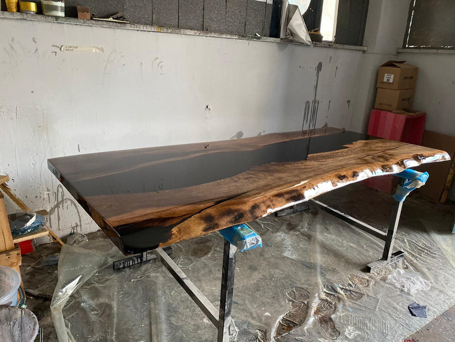 Walnut Dining Table, Custom 96” x 42” Unique Epoxy Shiny River Table, Live Edge Dining Table, Epoxy Resin Table for Karen D